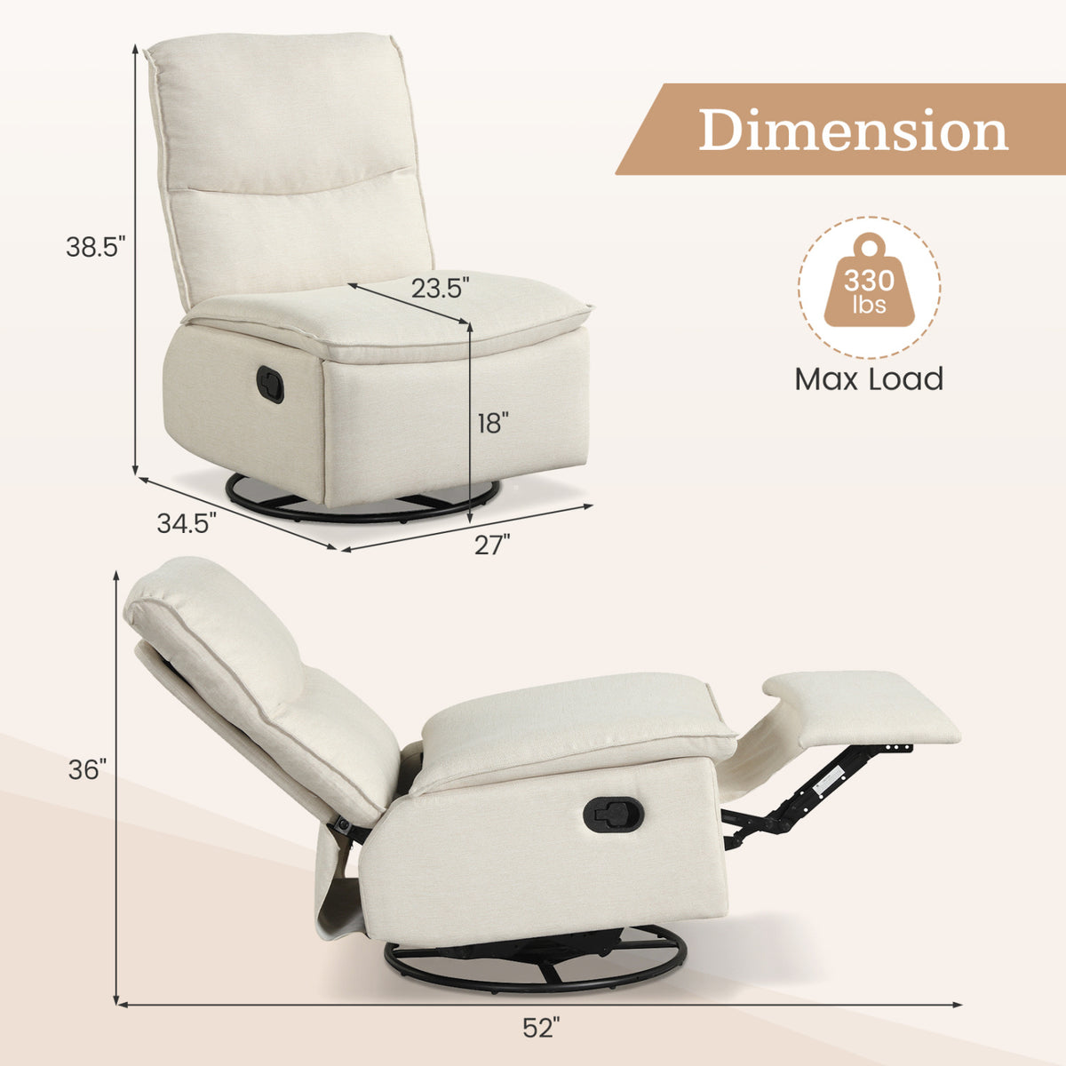 360Â° Swivel Rocking Chair with Cushioned Back for Living Room-Beige