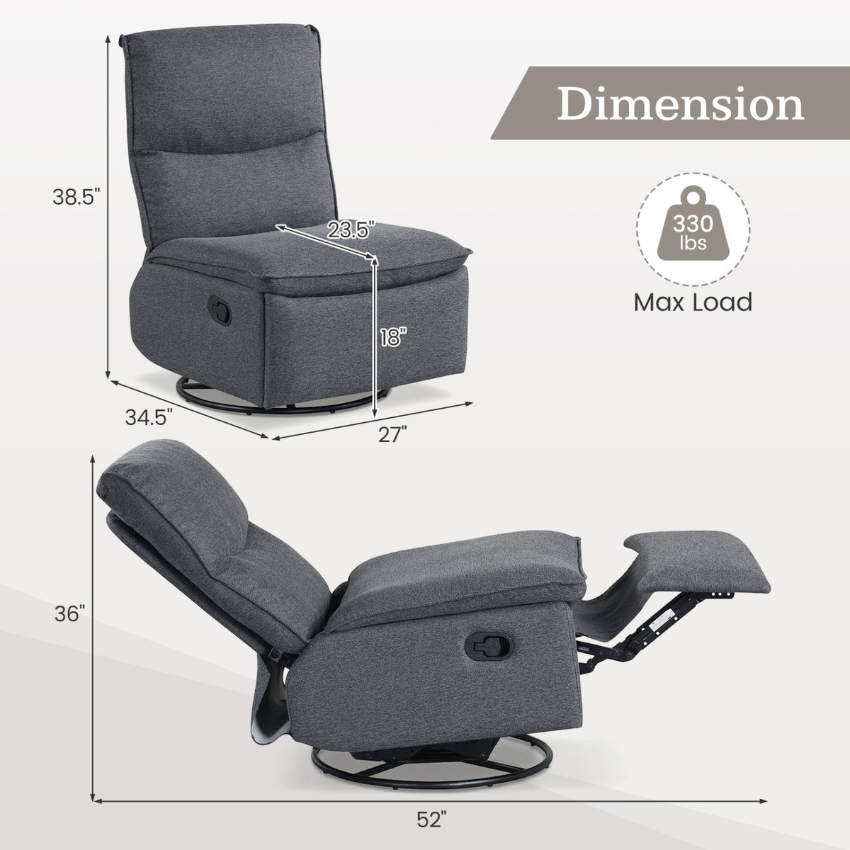 360Â° Swivel Rocking Chair with Cushioned Back for Living Room-Gray