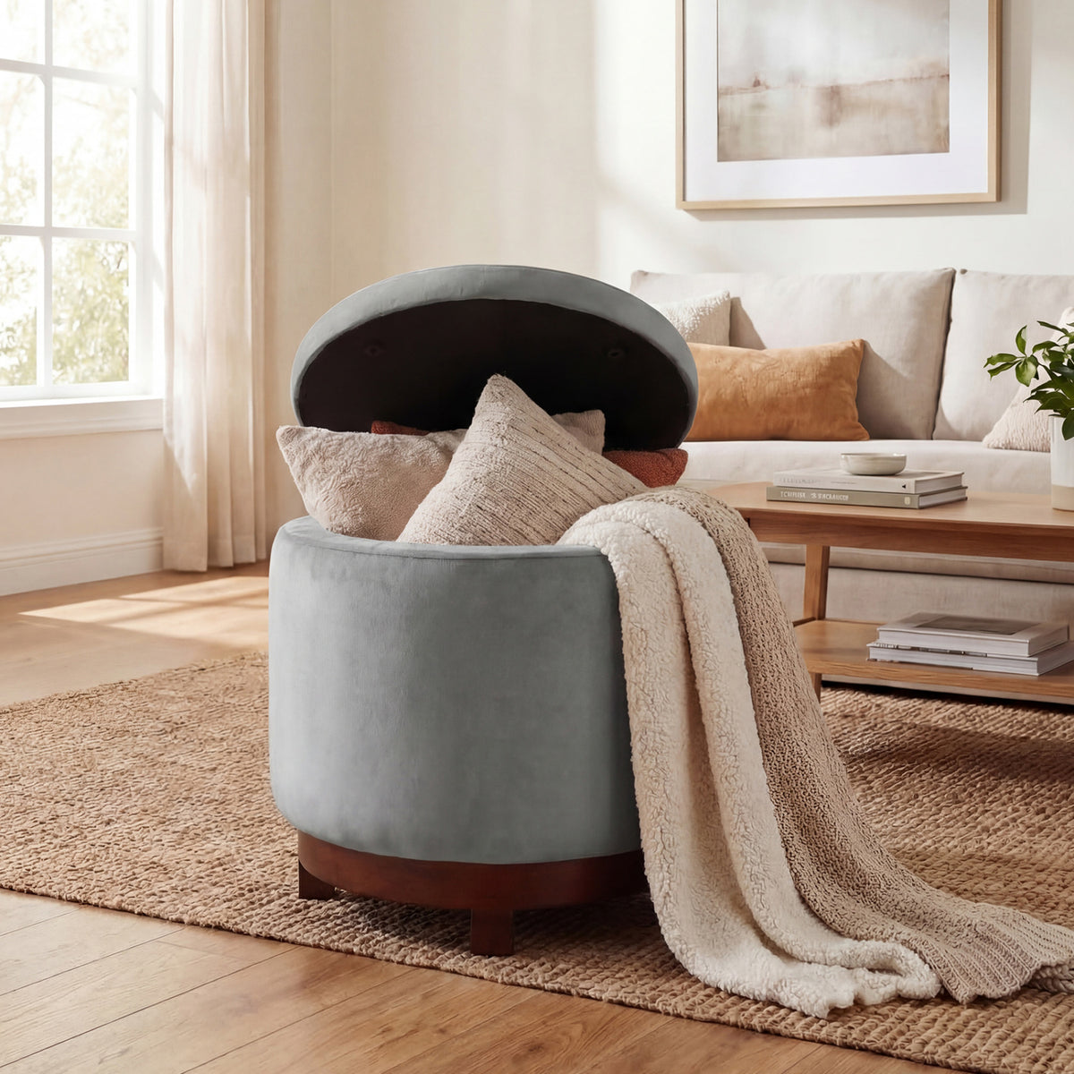360Â° Swivel Velvet Foot Rest with Hidden Storage for Living Room-Gray