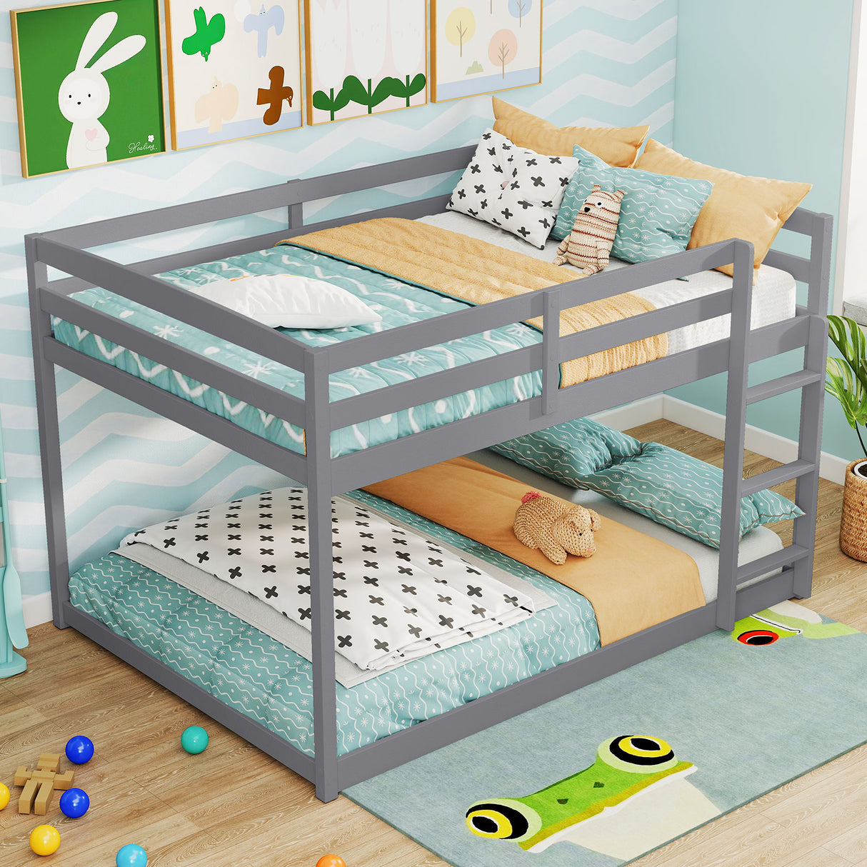 Full Over Full Bunk Bed Low-to-ground Bunk Bed-Gray