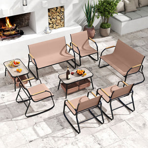 4 Pieces Patio Furniture Set with Rocking Bistro Chairs and Breathable Mesh Fabric-Coffee