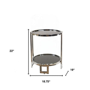 22" Silver Glass Round Mirrored End Table With Shelf