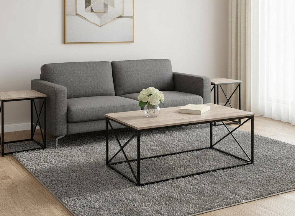 Set of Three 42" Beige And Black Metal Coffee Table