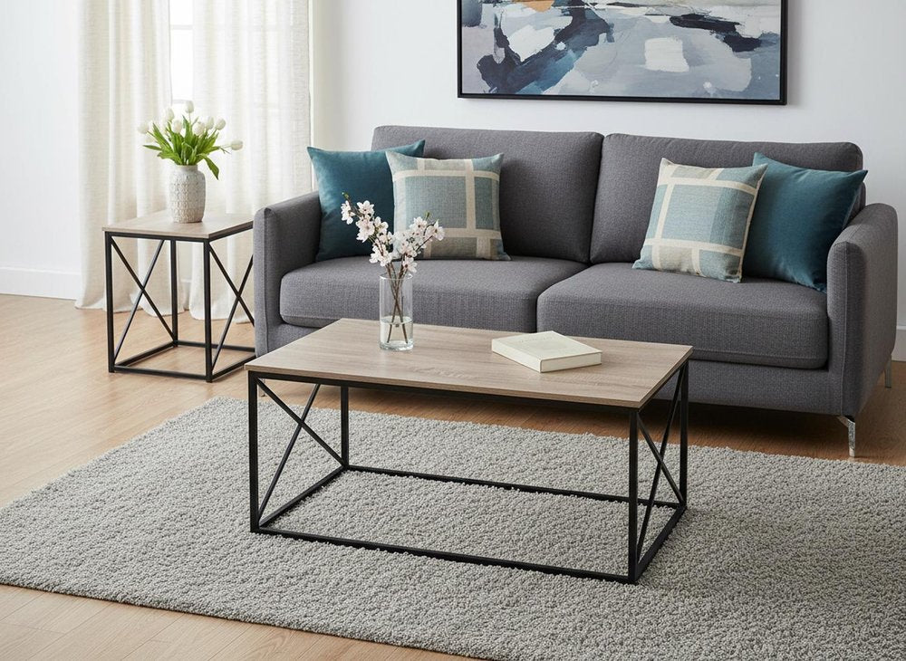 Set of Three 42" Beige And Black Metal Coffee Table