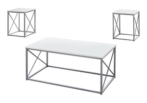 Set of Three 42" White And Silver Metal Coffee Table