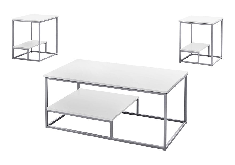 Set of Three 42" White And Silver Metal Coffee Table With Shelf
