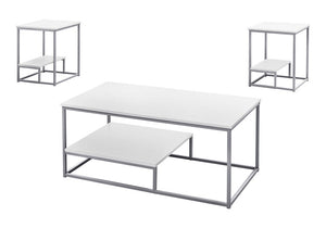 Set of Three 42" White And Silver Metal Coffee Table With Shelf