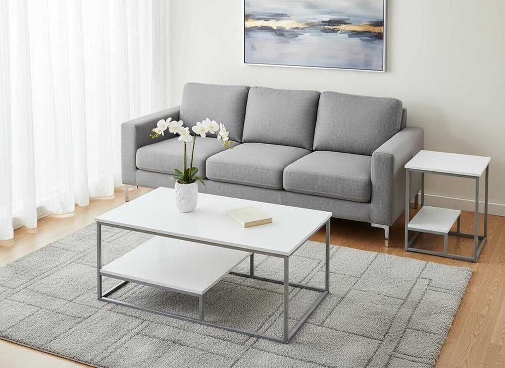 Set of Three 42" White And Silver Metal Coffee Table With Shelf