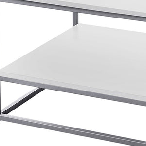 Set of Three 42" White And Silver Metal Coffee Table With Shelf