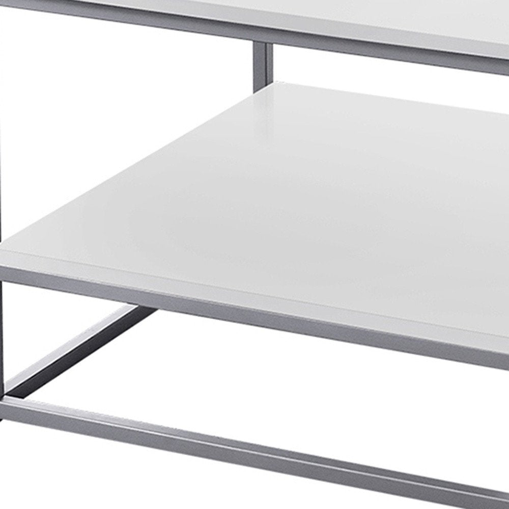 Set of Three 42" White And Silver Metal Coffee Table With Shelf