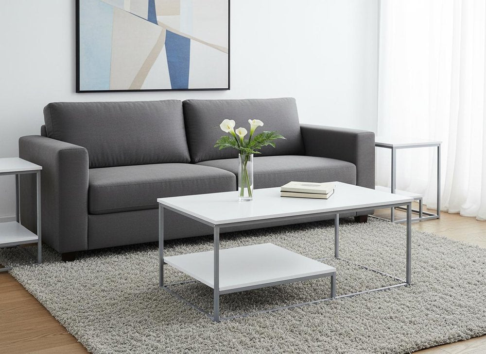 Set of Three 42" White And Silver Metal Coffee Table With Shelf