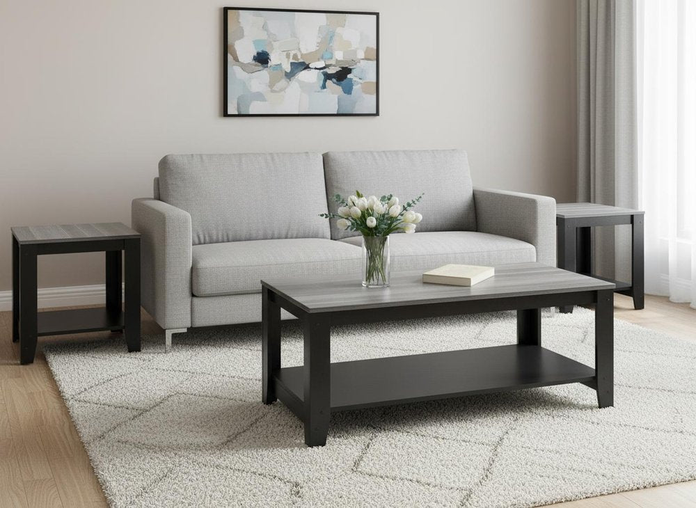 Set of Three 42" Gray And Black Coffee Table With Shelf