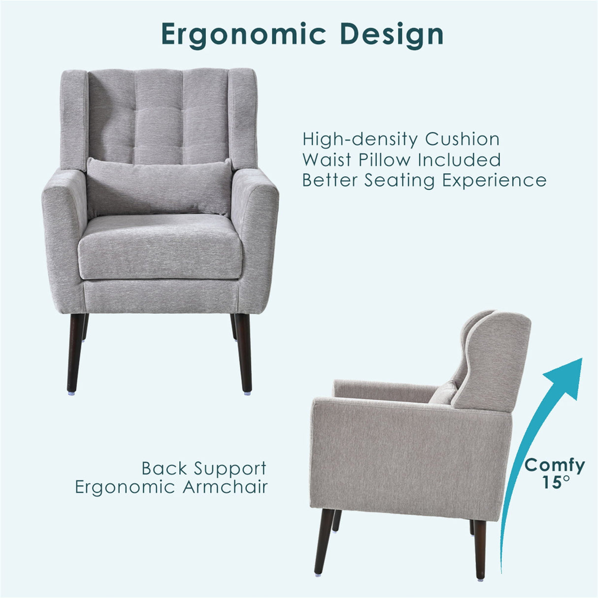 Modern Accent Chair, Chenille Arm Chairs For Living Room, Upholstered Mordern Armchair, Comfy Soft Padded Lounge Chair In Small Space, Bedroom, With Pillow, Solid Wood Leg by Couch.com