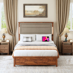 Queen Size Bed Frame With Upholstered Headboard, Queen Bed Frame With Charging Station And LED Lights, Wood Slats, No Box Spring Needed - Gray / Dark Brown by Couch.com