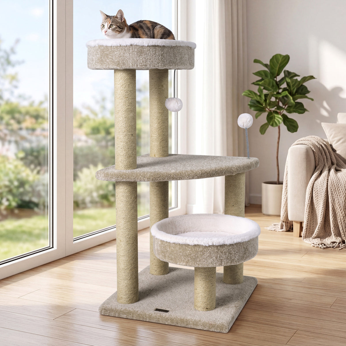 36" Carpeted Cat Tree with Plush Perches  Scratching Posts and Dangling Ball