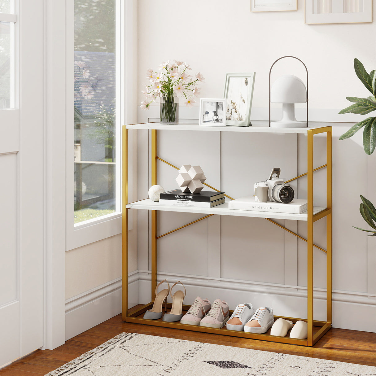 36" Console Table 2-Tier Entryway Table with Wooden Open Shelves and Metal Frame-White