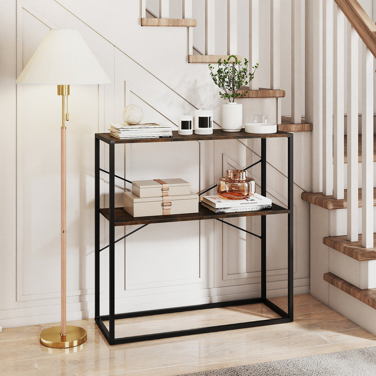 36" Console Table 2-Tier Entryway Table with Wooden Open Shelves and Metal Frame-Rustic Brown