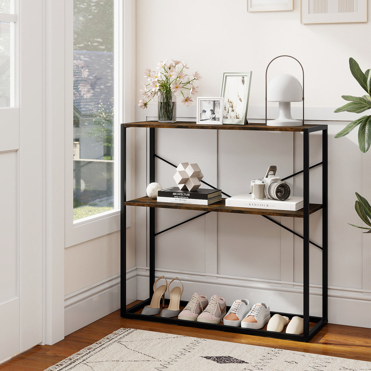 36" Console Table 2-Tier Entryway Table with Wooden Open Shelves and Metal Frame-Rustic Brown