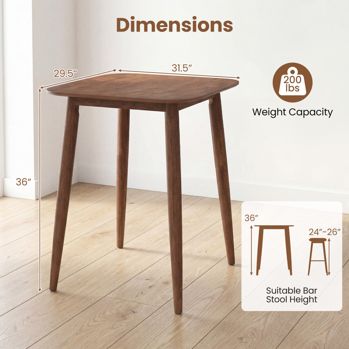 36 Inch Counter Height Bar Table Wooden High Top Pub Table with Solid Rubber Wood Legs-Walnut