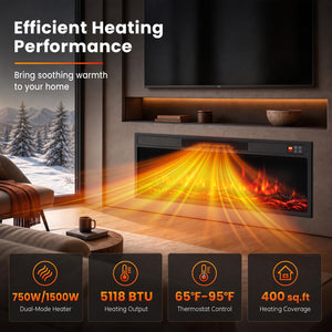 36 Inch Recessed Electric Fireplace Heater with Adjustable Flame Colors & Brightness