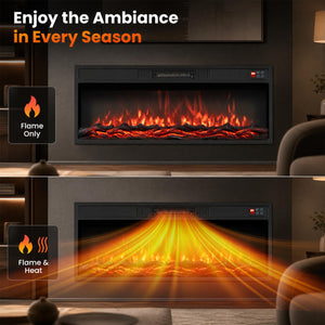 36 Inch Recessed Electric Fireplace Heater with Adjustable Flame Colors & Brightness