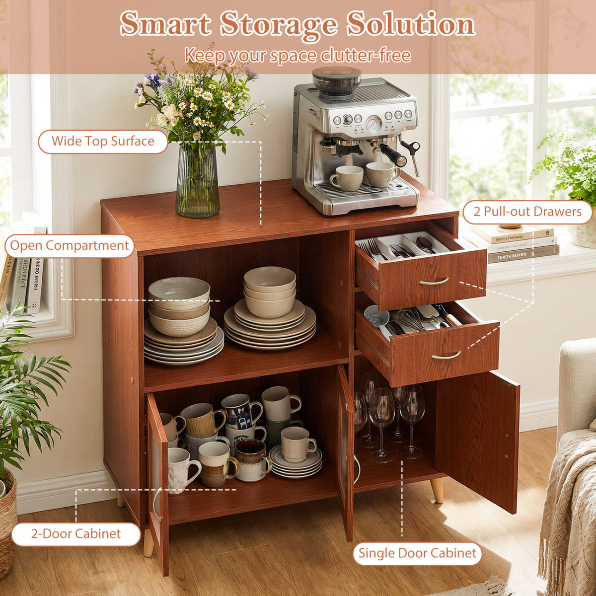 36 Inch Sideboard Buffet Cabinet with Open Compartment-Brown