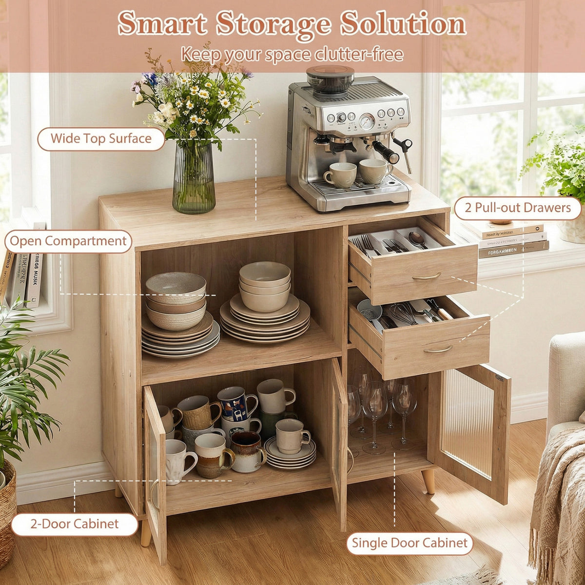 36 Inch Sideboard Buffet Cabinet with Open Compartment-Natural