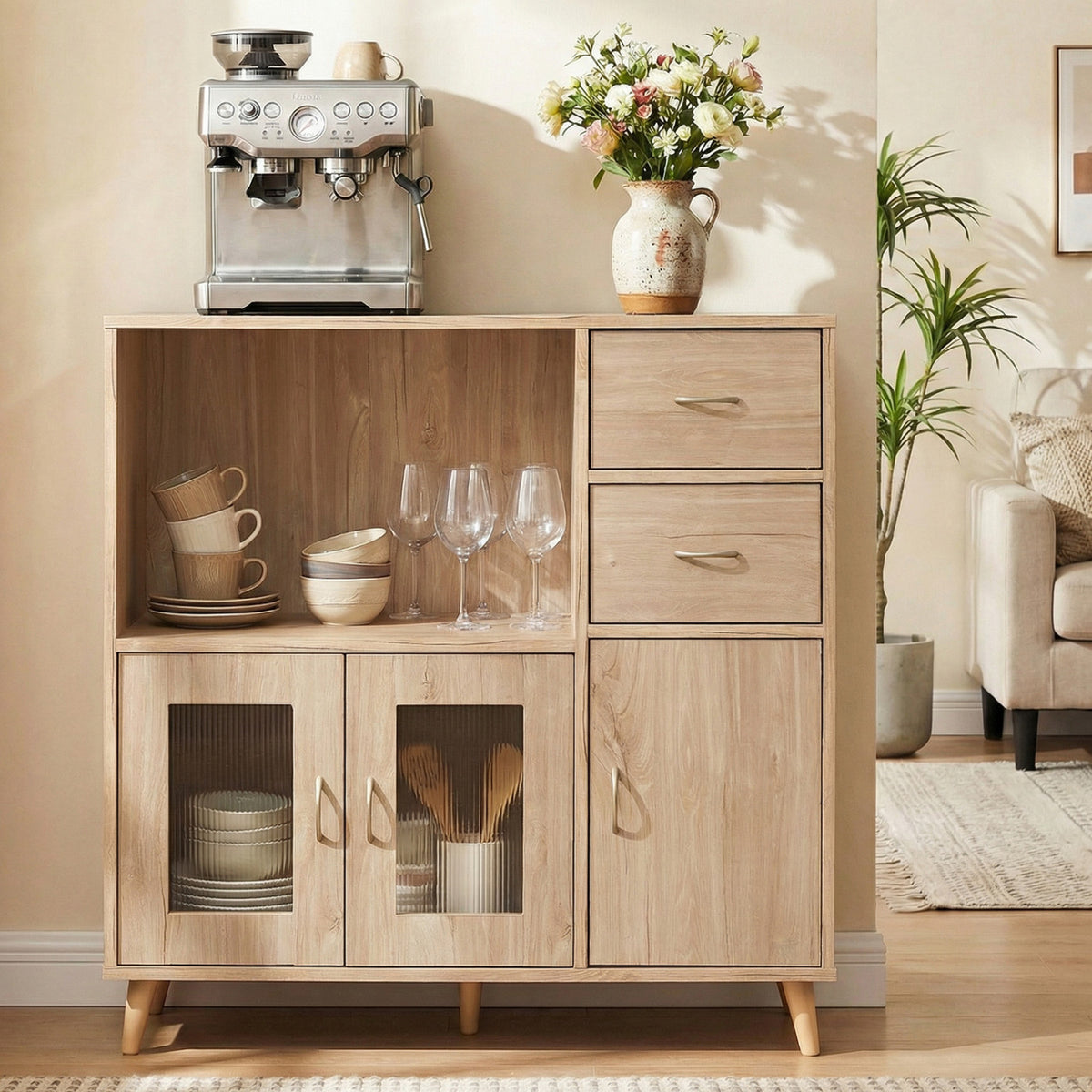 36 Inch Sideboard Buffet Cabinet with Open Compartment-Natural