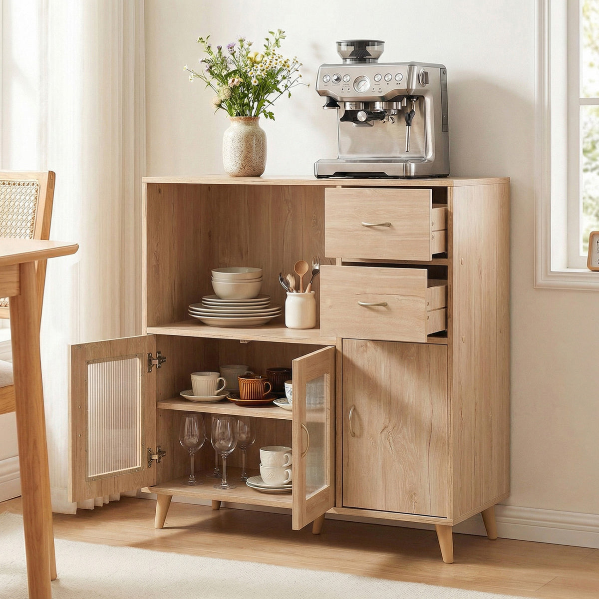 36 Inch Sideboard Buffet Cabinet with Open Compartment-Natural
