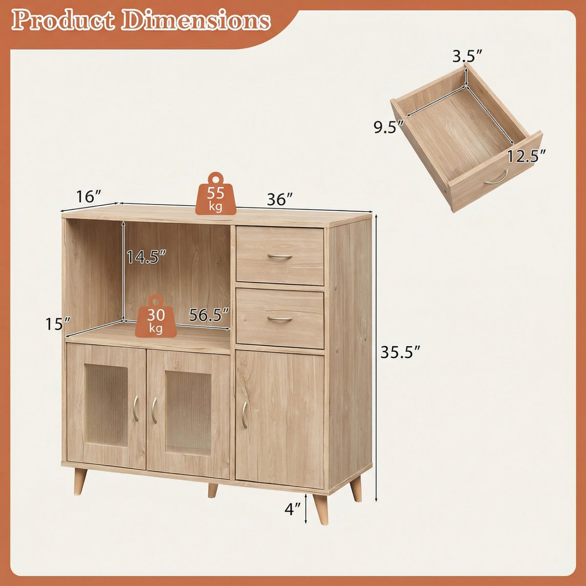 36 Inch Sideboard Buffet Cabinet with Open Compartment-Natural
