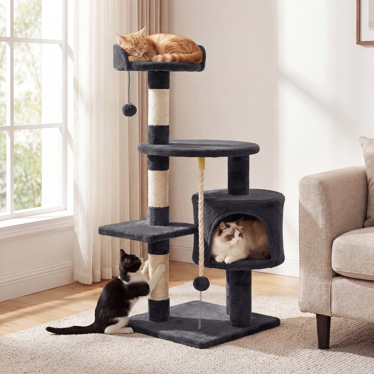 36 Inch Tall Kitten Tower with Condo and Plush Perch-Dark Gray