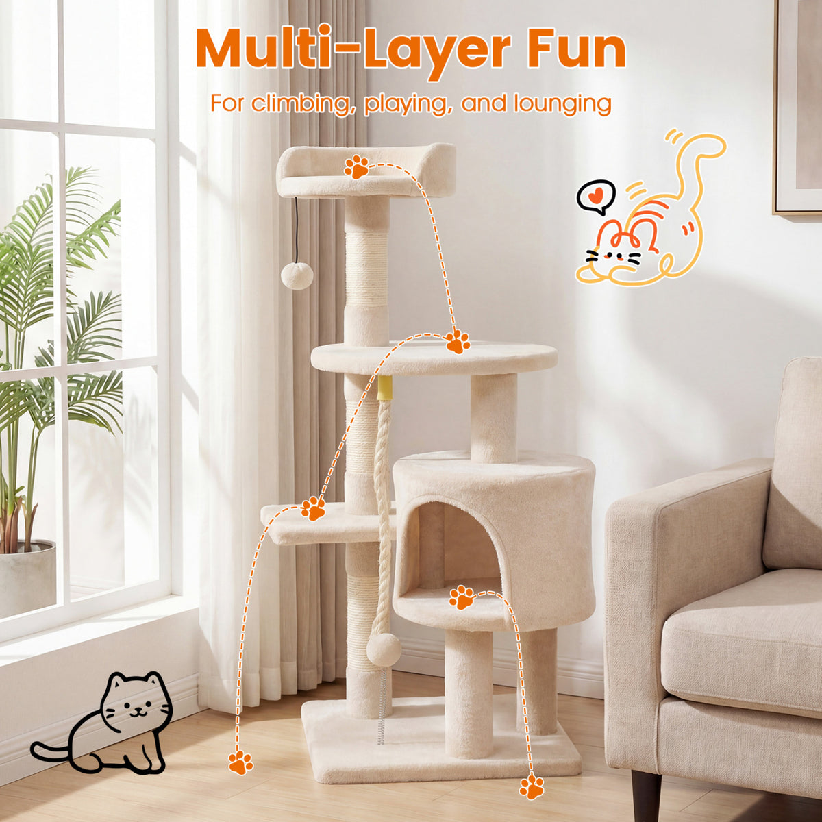 36 Inch Tall Kitten Tower with Condo and Plush Perch-Beige