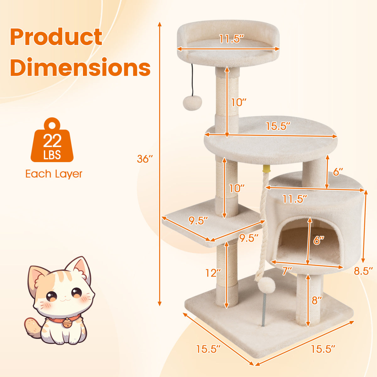36 Inch Tall Kitten Tower with Condo and Plush Perch-Beige