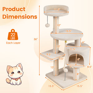 36 Inch Tall Kitten Tower with Condo and Plush Perch-Beige