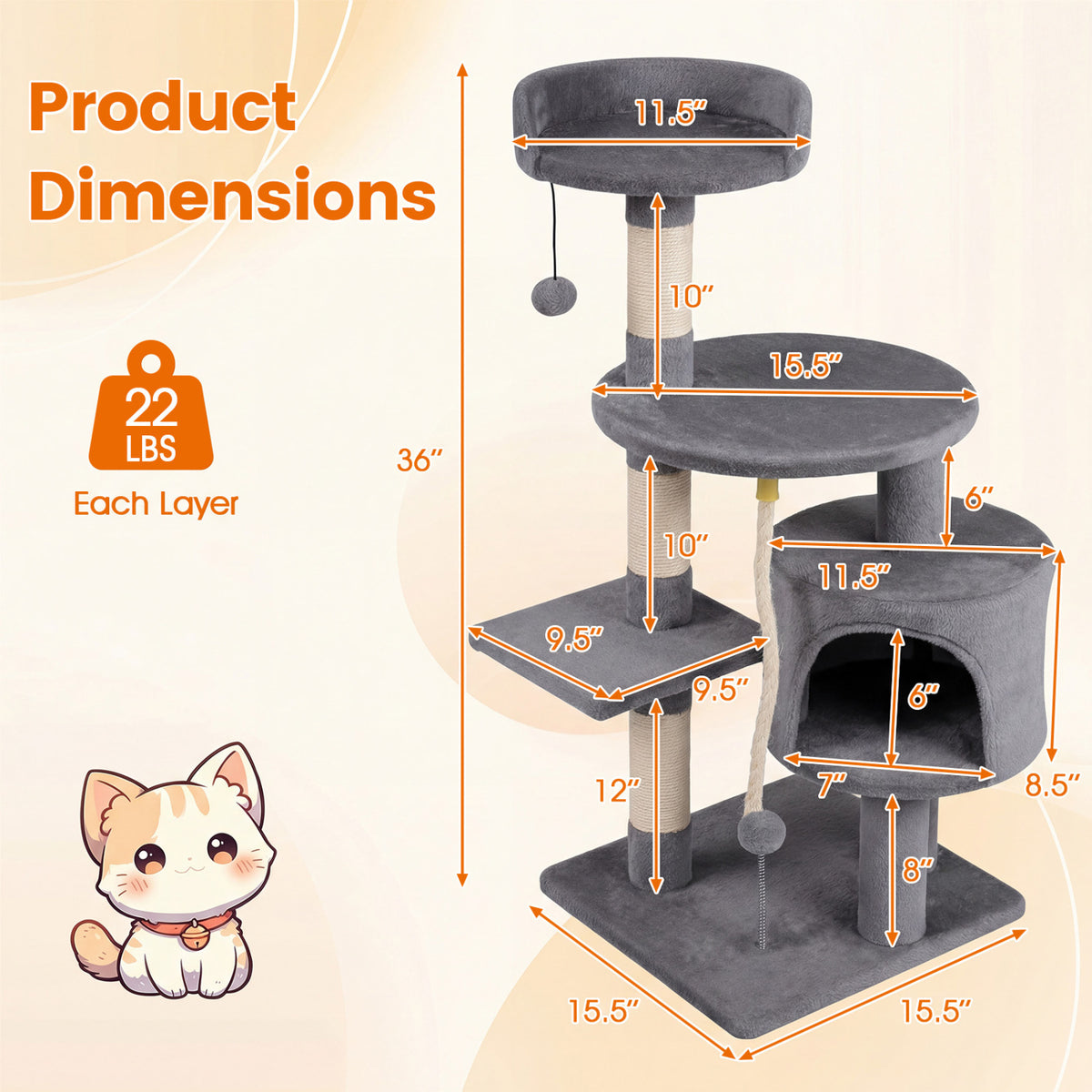 36 Inch Tall Kitten Tower with Condo and Plush Perch-Light Gray