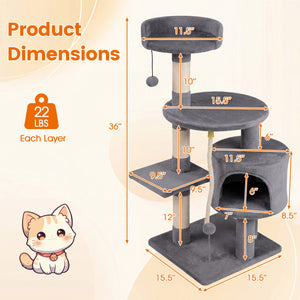 36 Inch Tall Kitten Tower with Condo and Plush Perch-Light Gray