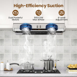 36 Inch Under Cabinet Range Hood 900 CFM Kitchen Stove Vent with Oil Collector-Silver