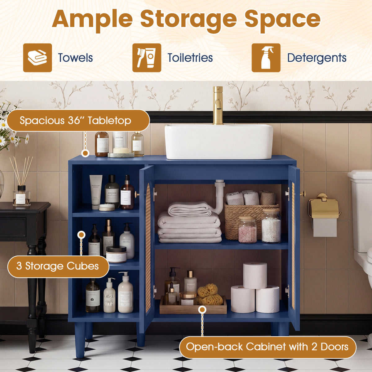 36 Inch Under Sink Cabinet Boho for Vessel Sinks and Single-Handle Faucets-Navy