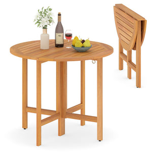 36 Inches Outdoor Folding Round Dining Table with Slatted Tabletop