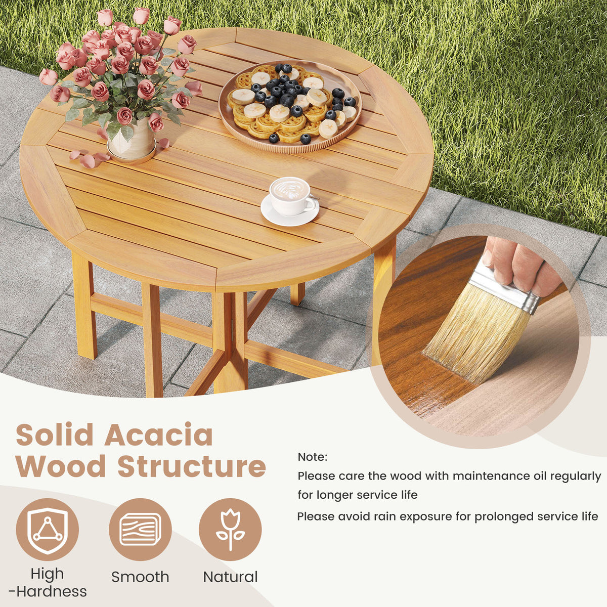 36 Inches Outdoor Folding Round Dining Table with Slatted Tabletop