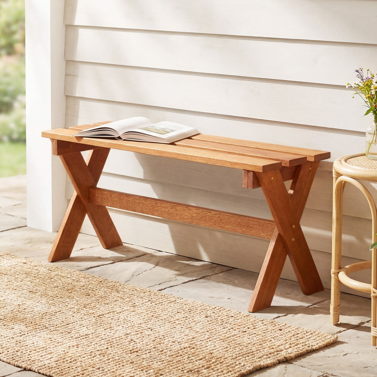 36" Outdoor Solid Wood Bench Set of 1 Backless Patio Dining Bench with Teak Oil Finish