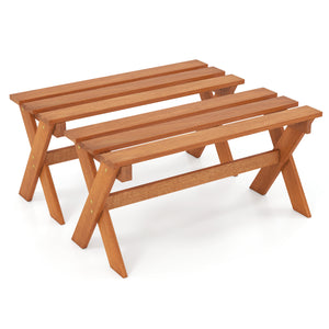 36" Outdoor Solid Wood Bench Set of 2 Backless Patio Dining Bench with Teak Oil Finish