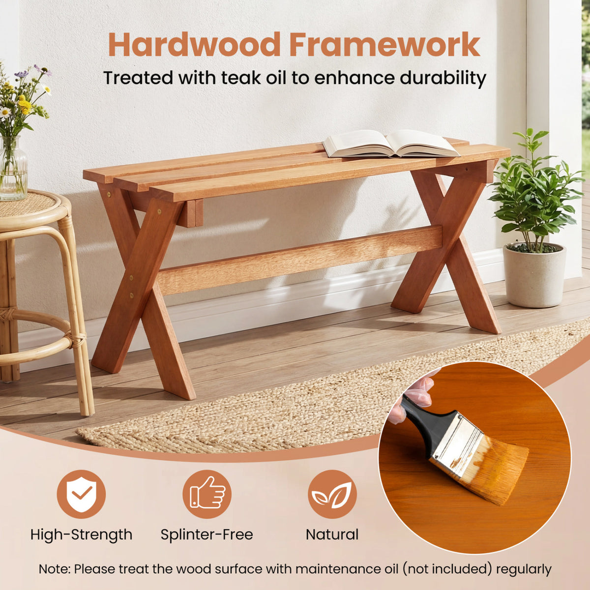36" Outdoor Solid Wood Bench Set of 2 Backless Patio Dining Bench with Teak Oil Finish