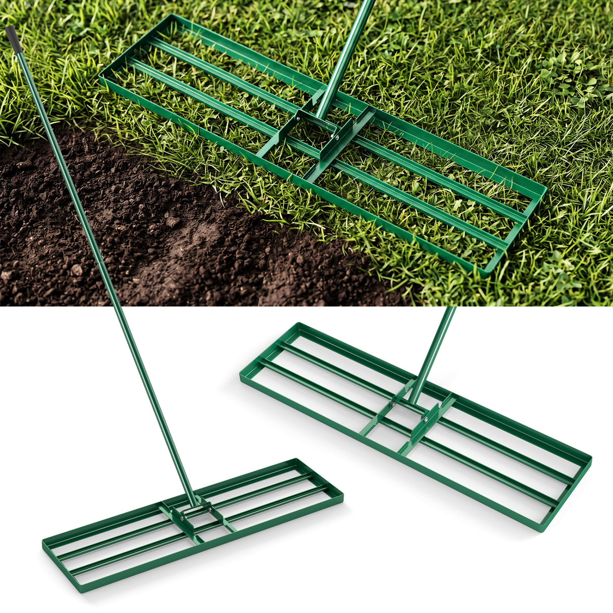 36 x 10 Inch Lawn Leveling Rake with Ergonomic Handle-Green
