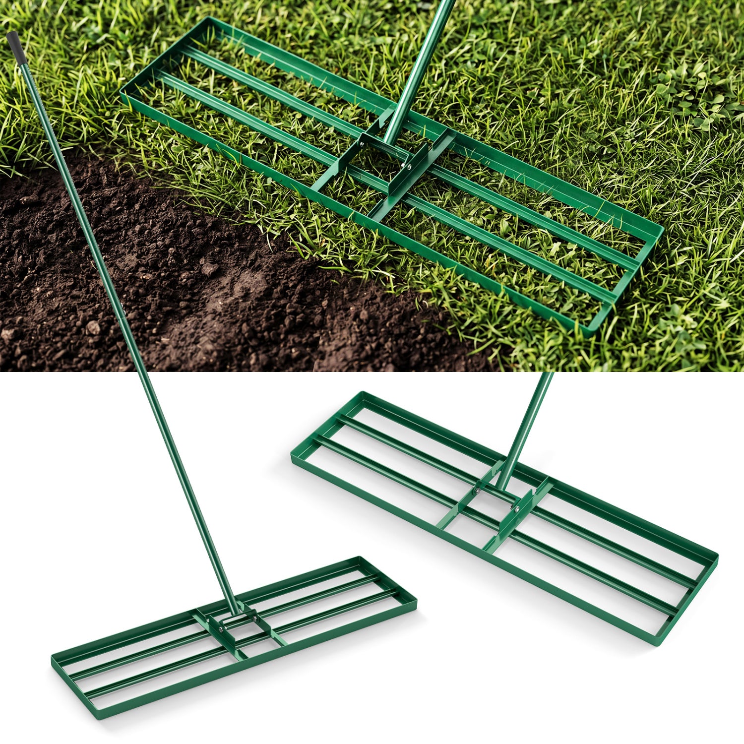 36 x 10 Inch Lawn Leveling Rake with Ergonomic Handle-Green