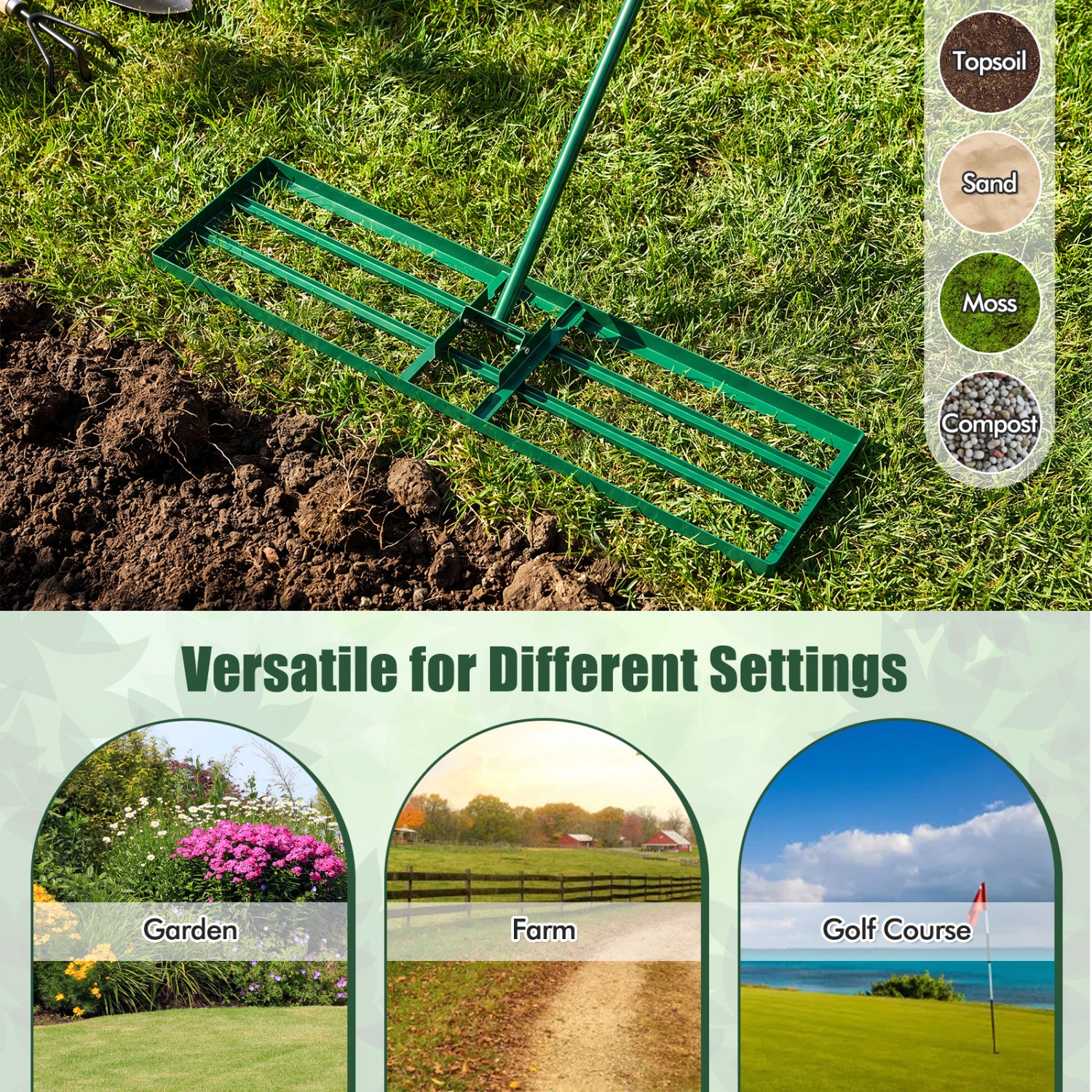 36 x 10 Inch Lawn Leveling Rake with Ergonomic Handle-Green