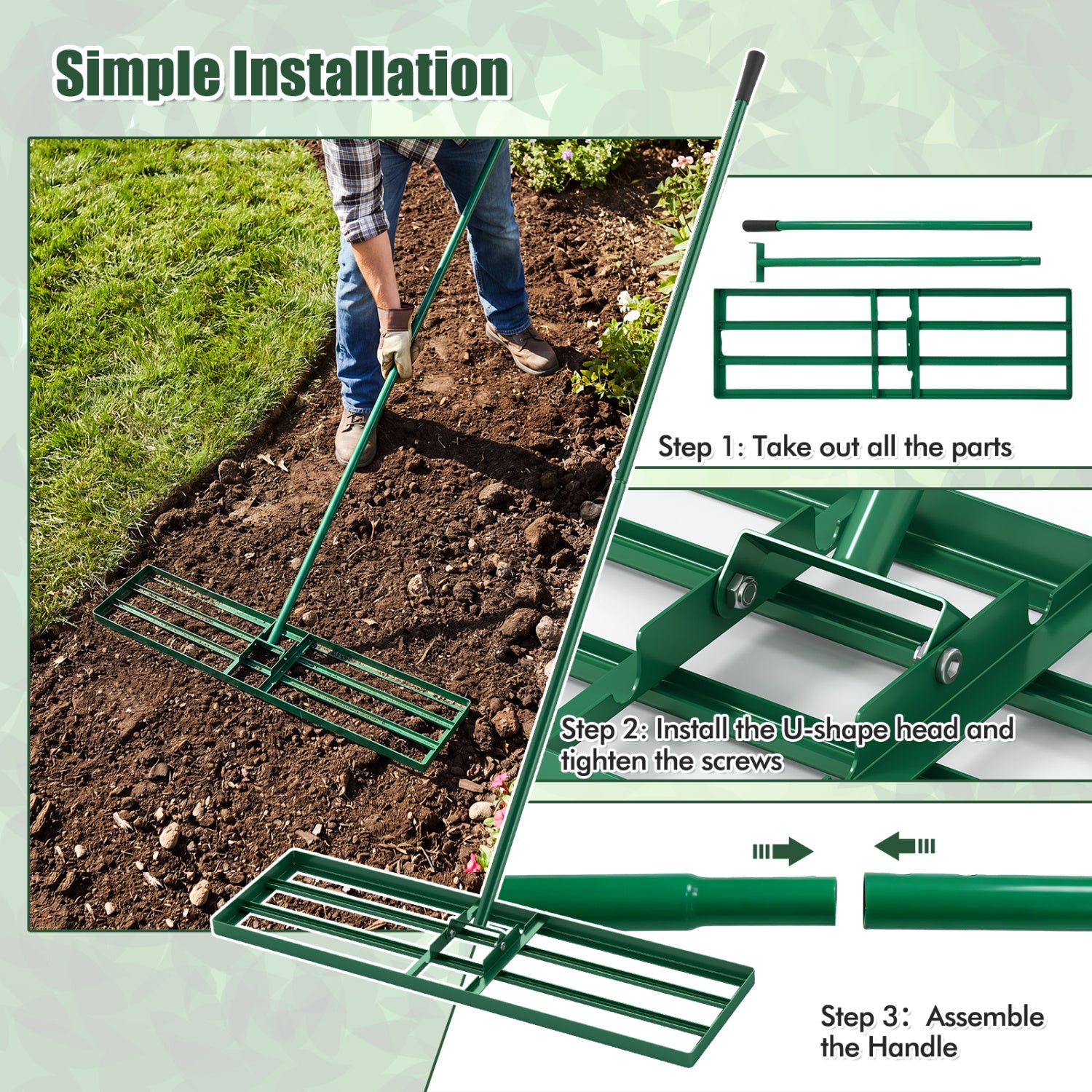 36 x 10 Inch Lawn Leveling Rake with Ergonomic Handle-Green