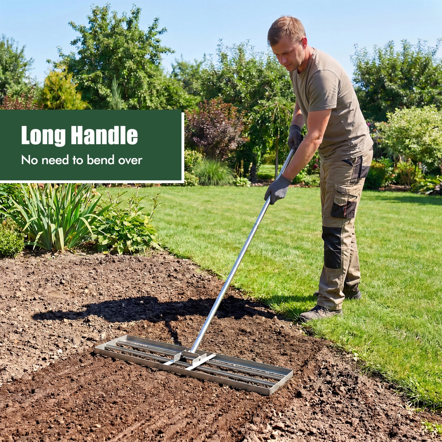 36 x 10 Inch Lawn Leveling Rake with Ergonomic Handle-Silver