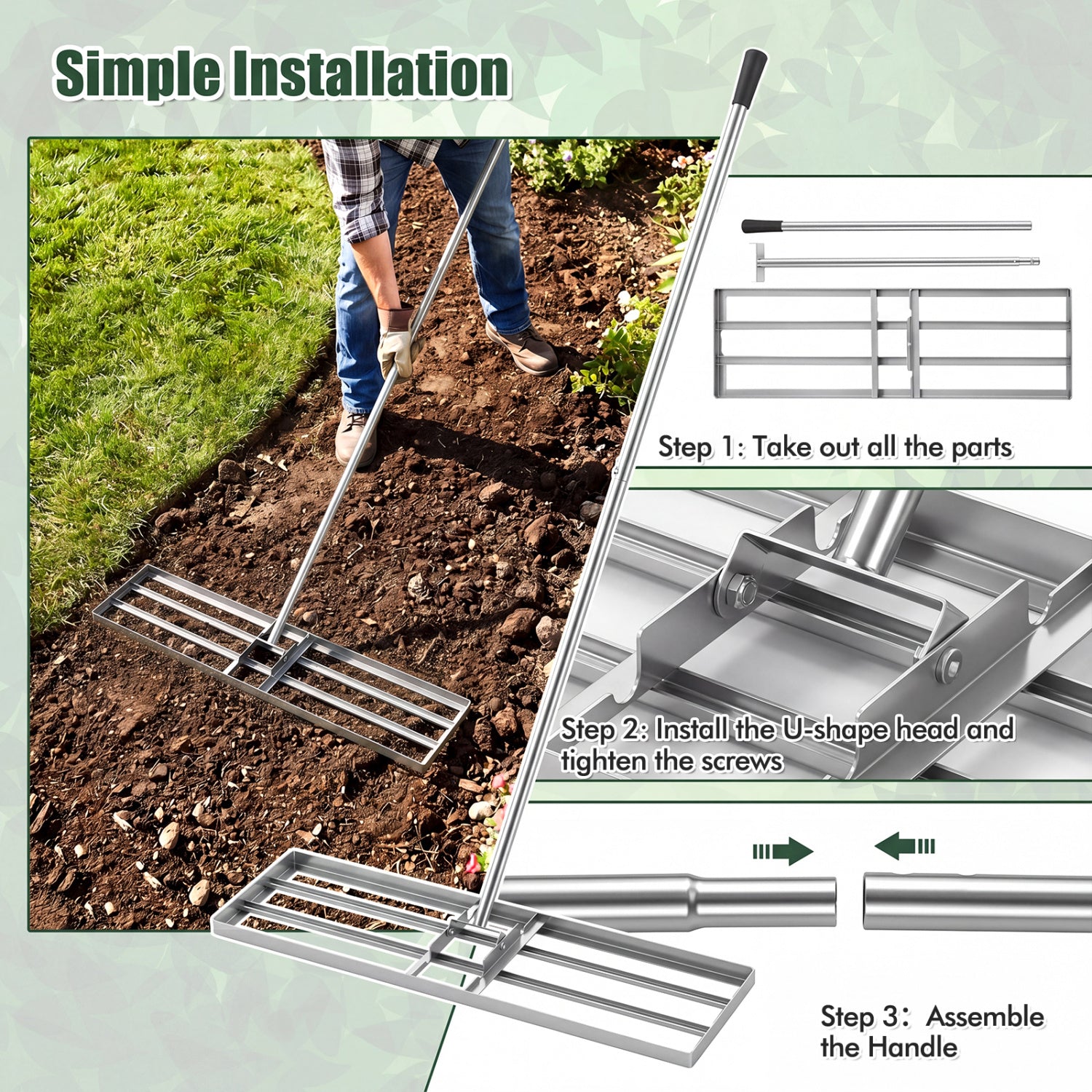 36 x 10 Inch Lawn Leveling Rake with Ergonomic Handle-Silver