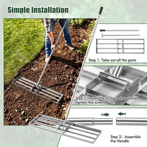 36 x 10 Inch Lawn Leveling Rake with Ergonomic Handle-Silver